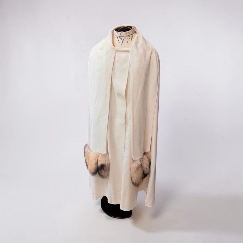 Vintage Black Opera Cape Merino Wool Fox Fur Old Hollywood Glam